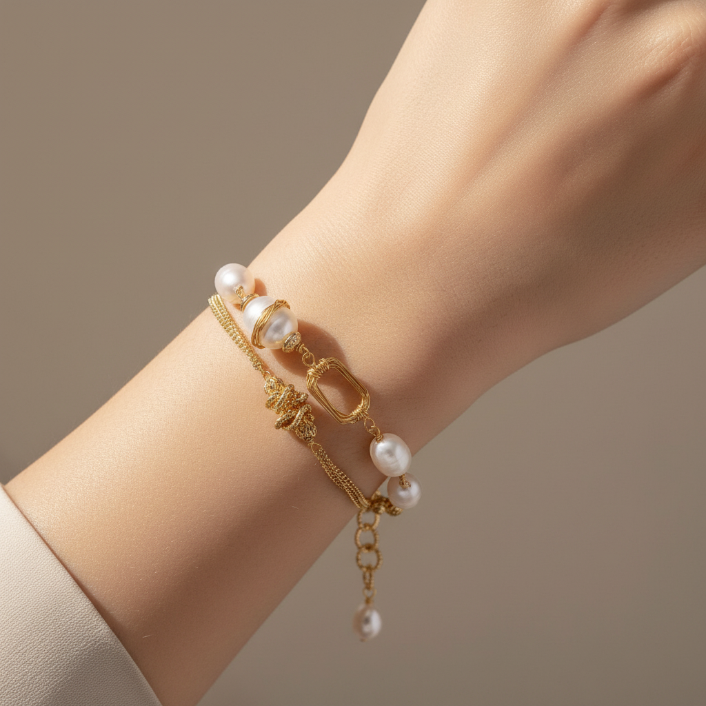 Bracelet Chaîne Perles d’Eau Douce Plaqué Or 14K