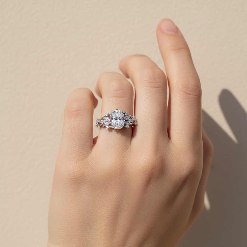 Bague de promesse en argent 925 avec moissanite ovale