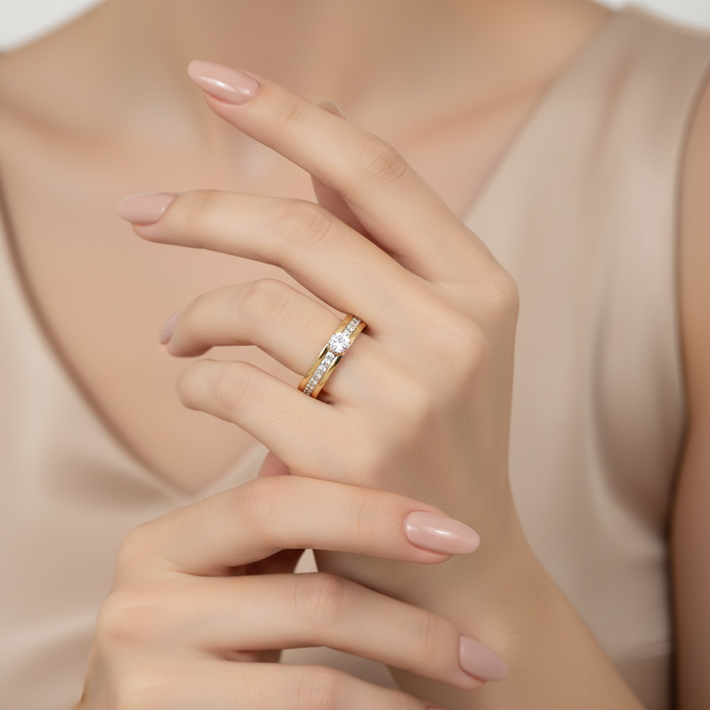 Bague double anneau plaqué or 14K avec strass
